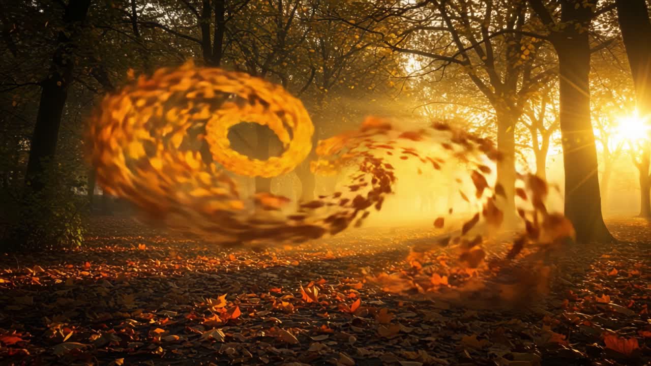 A Breathtaking Autumn Scene: Swirling Leaves Dance in the Golden Light of Sunrise, Creating a Magical Atmosphere in a Serene Forest Setting