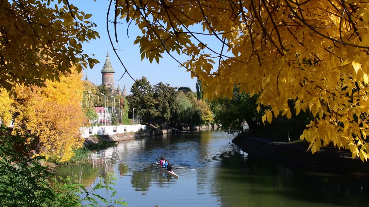 티미쇼아라, 루마니아 - 가을, 노란 잎이 있는 나무, 베가 강에서 카누 타기