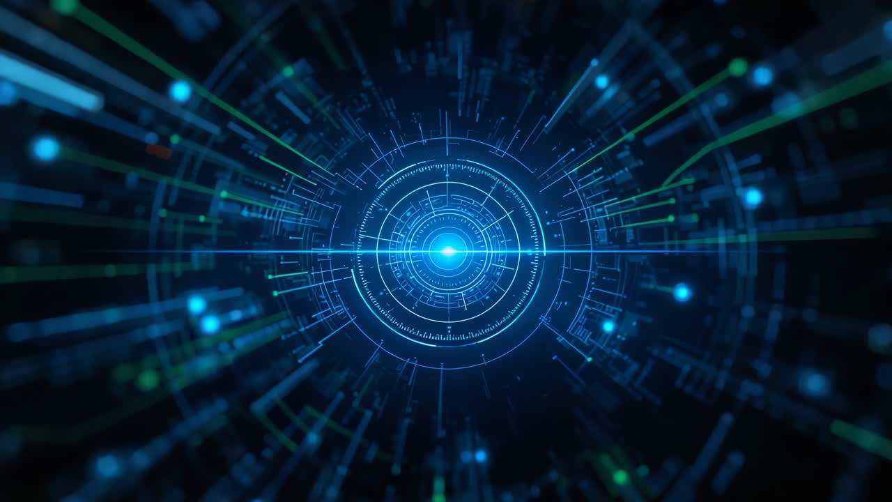 Pulsing circular HUD in void after blue point appearing extending crosshair and data bars scanning