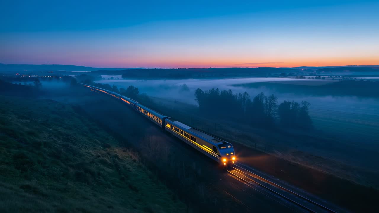 Vzdálená světla reflektorů, osobní vlak jedoucí po kolejích za soumraku a převážející cestující