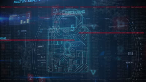 animation of warning data processing, online security padlock and circuit board