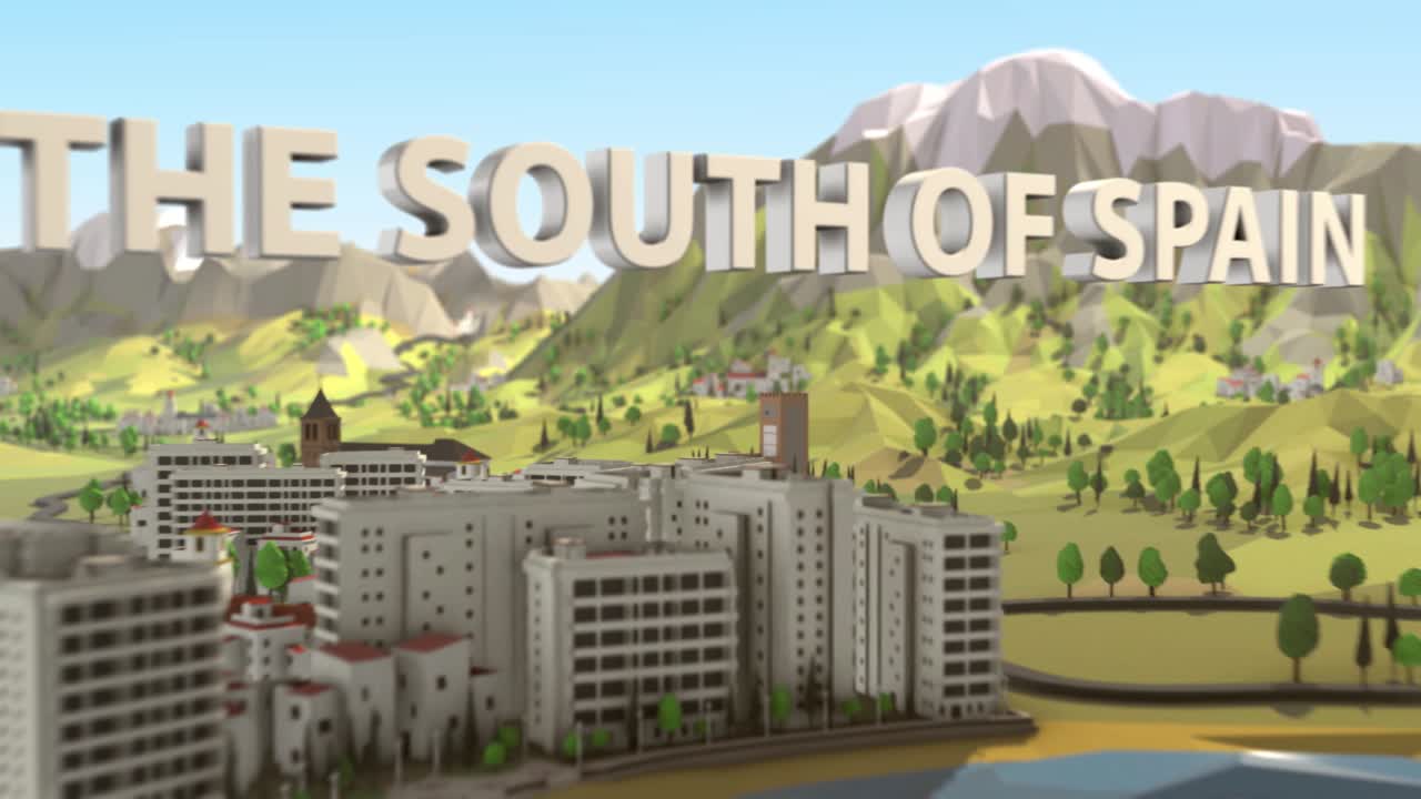 Low Poly Model of Whitewashed Spanish Villages in the Mountains to the Cities on the Coats - With South of Spain Text