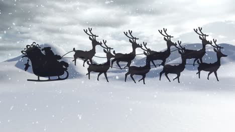 animación de papá noel en una silueta de trineo volando sobre un paisaje invernal nevado