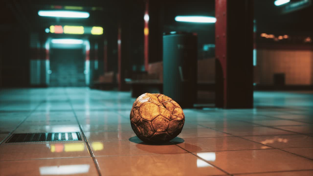 vecchia palla da calcio in una metropolitana vuota