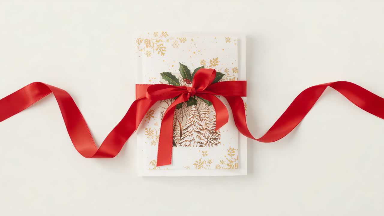 Recording gift box with gold-foil foliage settling ribbon and bow on white table, with holly accent