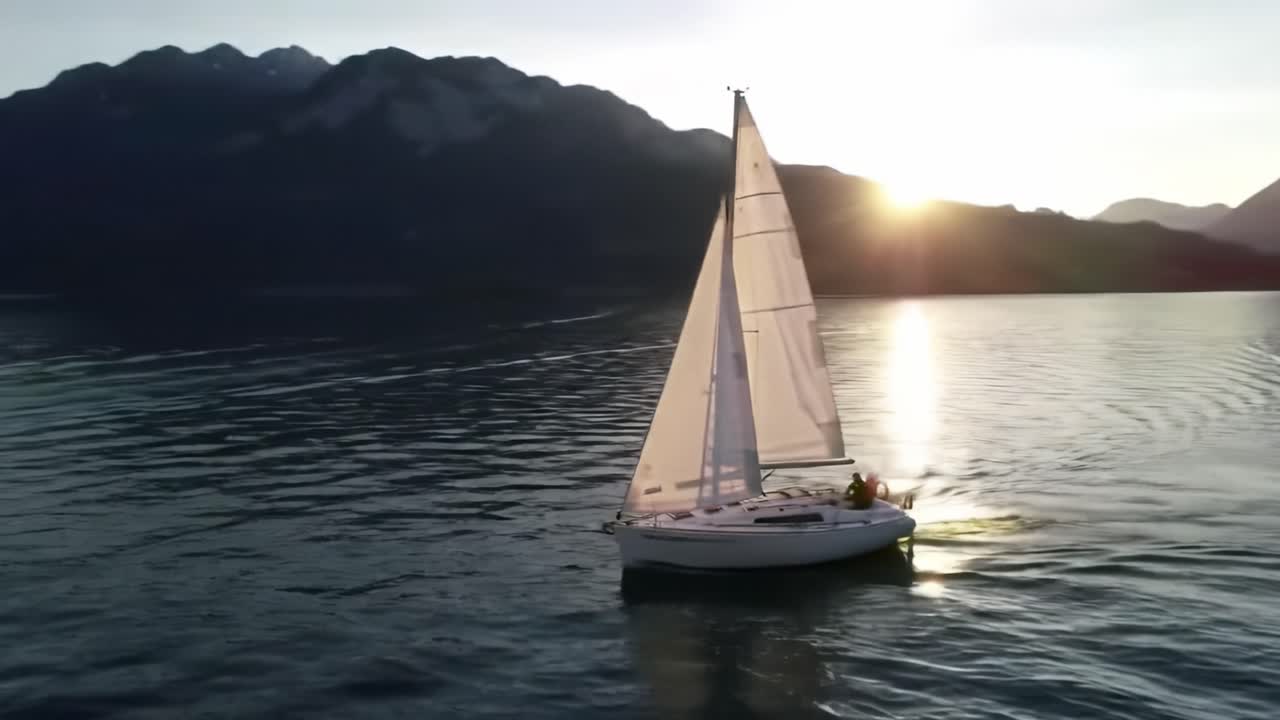 A lone sailboat glides across the serene waters of a lake as the sun sets behind majestic mountains. The peaceful atmosphere creates a perfect moment for reflection and enjoyment of nature.