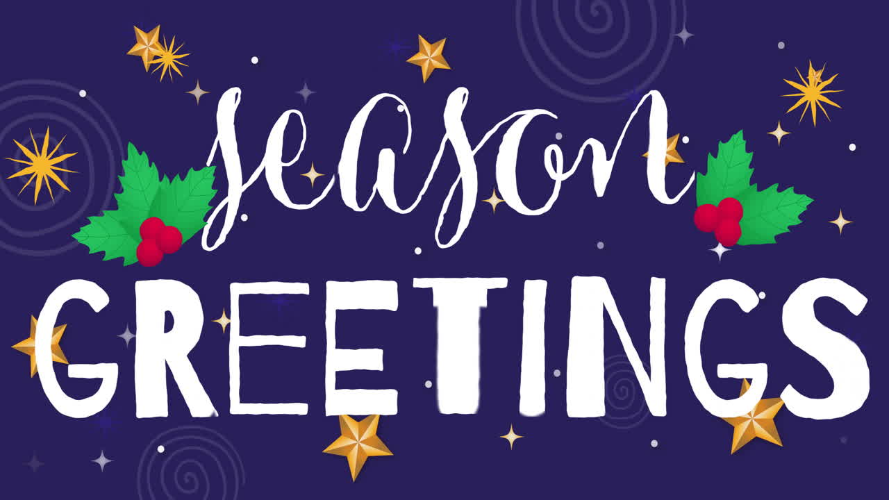 Animation of seasons greetings text over christmas decoration background