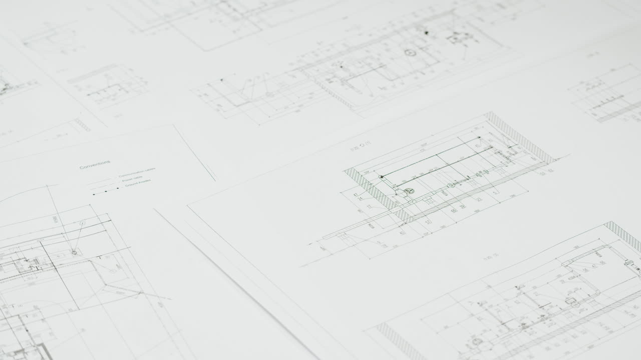 A hand holding a pen while working on architectural or engineering blueprints