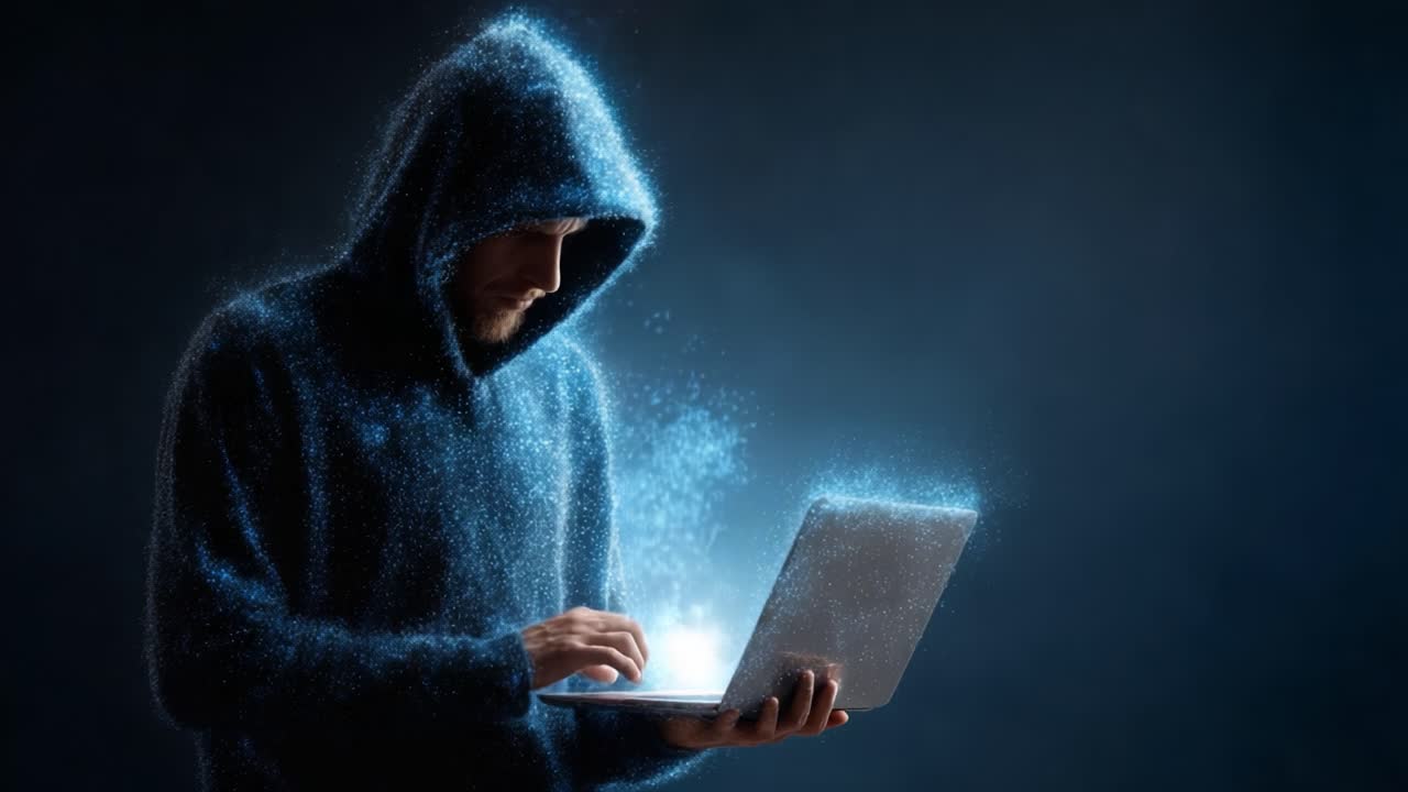 A Mysterious Figure in a Hooded Sweatshirt Engaged with a Laptop, Surrounded by an Ethereal Glow, Emanating Digital Energy and Enigmatic Particles in a Dark Environment