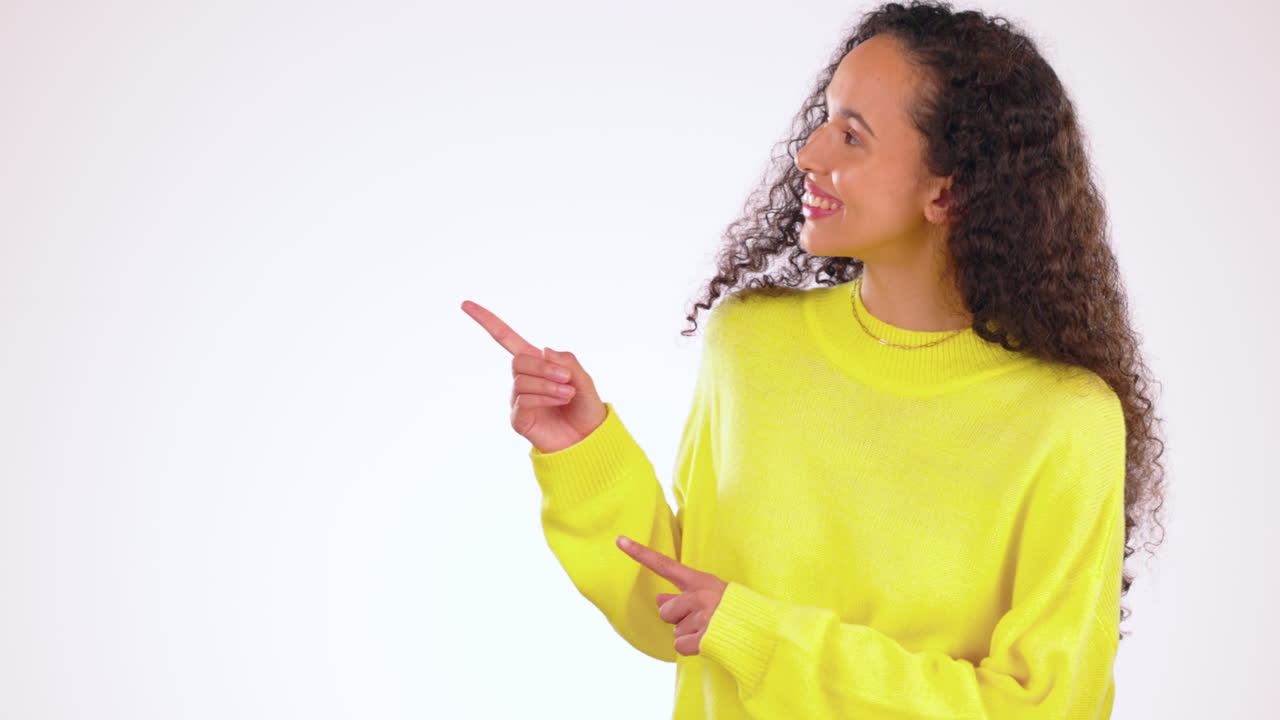 Pointing, mockup and smile with black woman