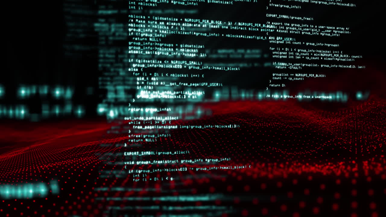 animación del procesamiento de datos y puntos rojos sobre fondo negro