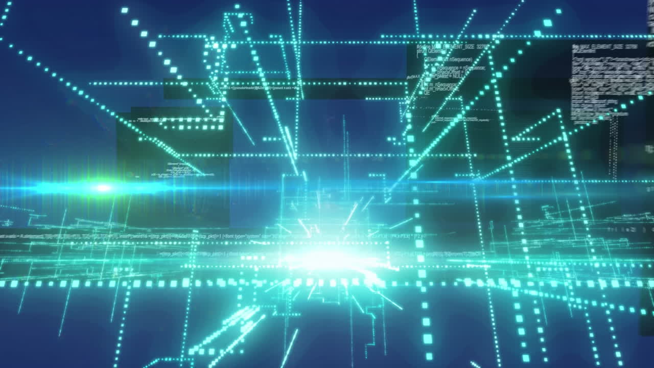 녹색 빛 트레일, 데이터 처리 및 파란색 배경에 대한 빛 점의 애니메이션