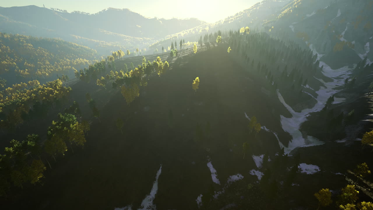 Serene mountain landscape at dawn with golden sunlight illuminating trees