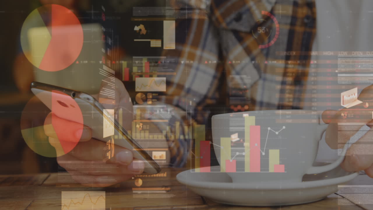 Animation of statistics and data processing over man using smartphone