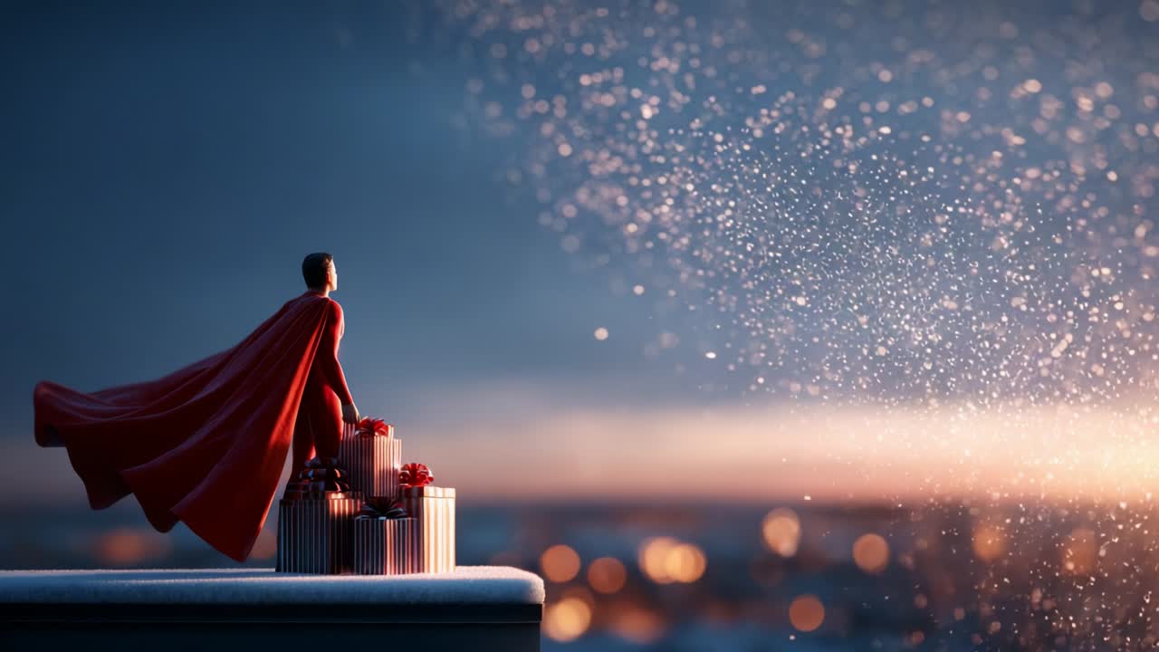 A heroic figure with a flowing cape stands triumphantly on a ledge, surrounded by festive gifts as snowflakes gently fall from the sky, creating a serene winter atmosphere as the sunset casts a warm glow