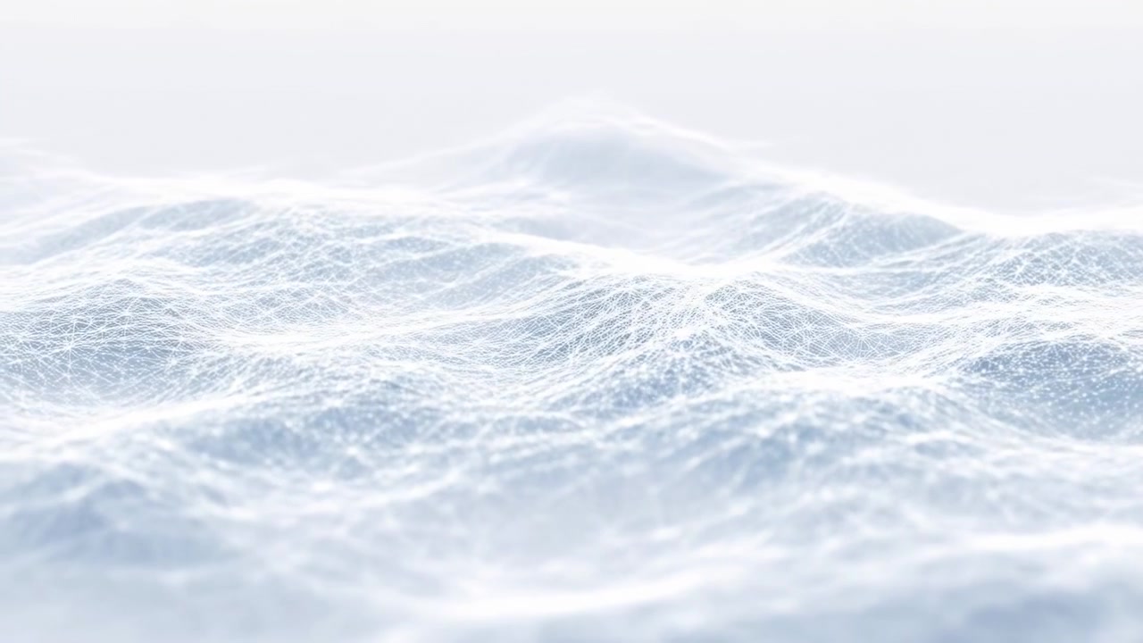 Soft white and pale blue mesh waves flow across foreground and midground, forming smooth rolling contours beneath bright minimal space with calm depth, elegant glow, modern corporate feel