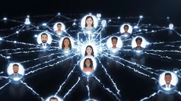 Exploring Connections: A Visual Journey Through a Network of Interconnected Figures and Illuminated Nodes Representing Relationships in a Digital Space