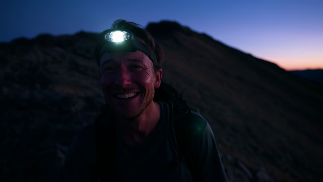 Smilende hvid mand med pandelampe på bjergryg i skumringen, rygsæk spændt, horisontglød ved solnedgang, uformel