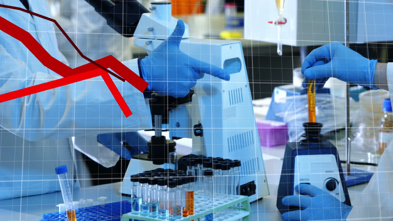 표본을 검사하는 의사 그룹에 대한 플로팅 다이어그램의 애니메이션