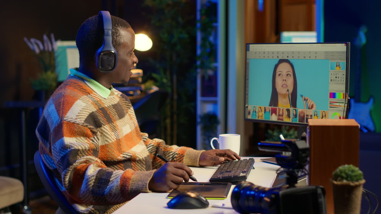 African American Man Editing Photos and Videos on Computer