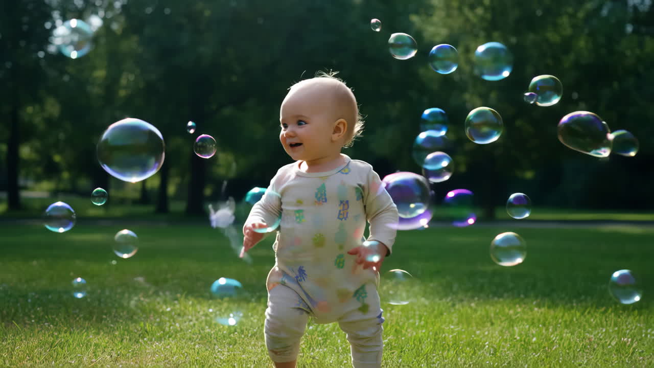 Happy Baby Playing with Bubbles in the Park