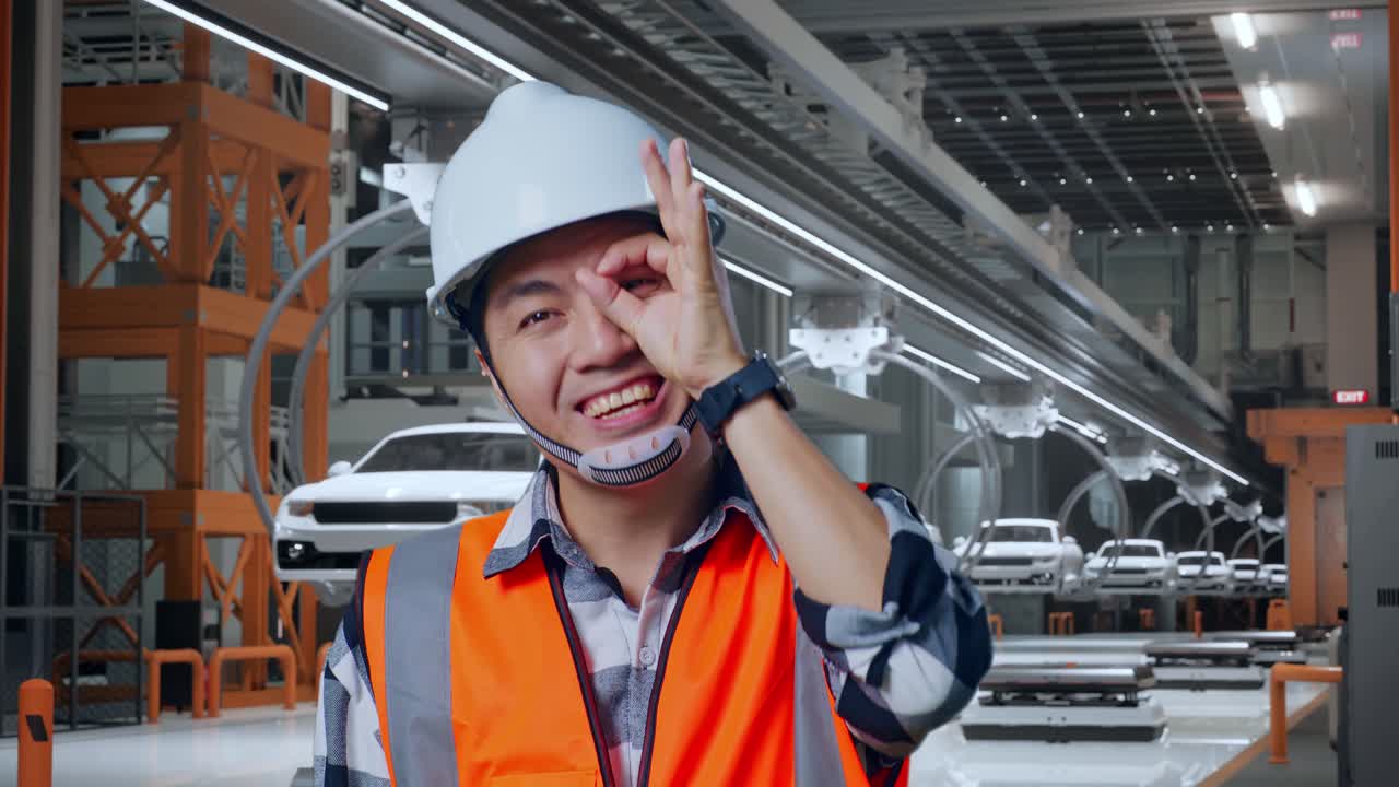 안전 헬을 착용한 아시아 남성 엔지니어의 클로즈업 사진, 눈 위에 손을 고 카메라를 향해 미소를 지으며 ev 자동차 공장에서 서 있습니다.