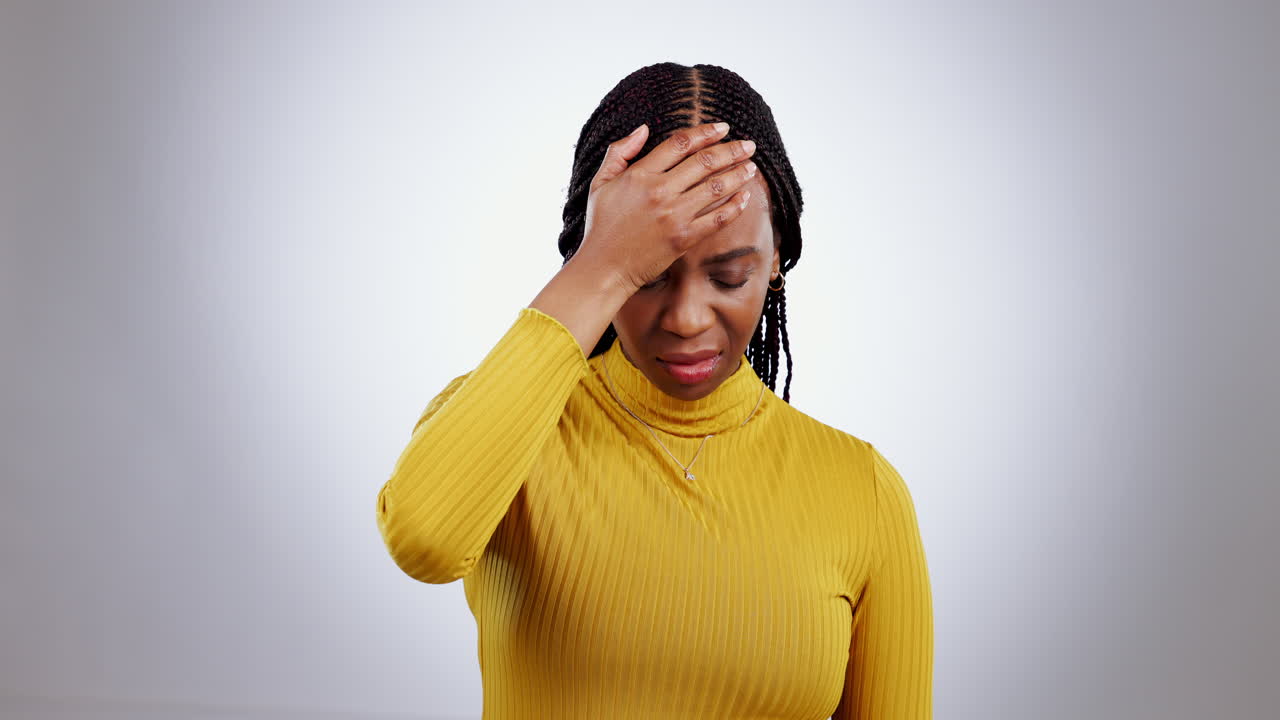 Mistake, stress and face palm by black woman