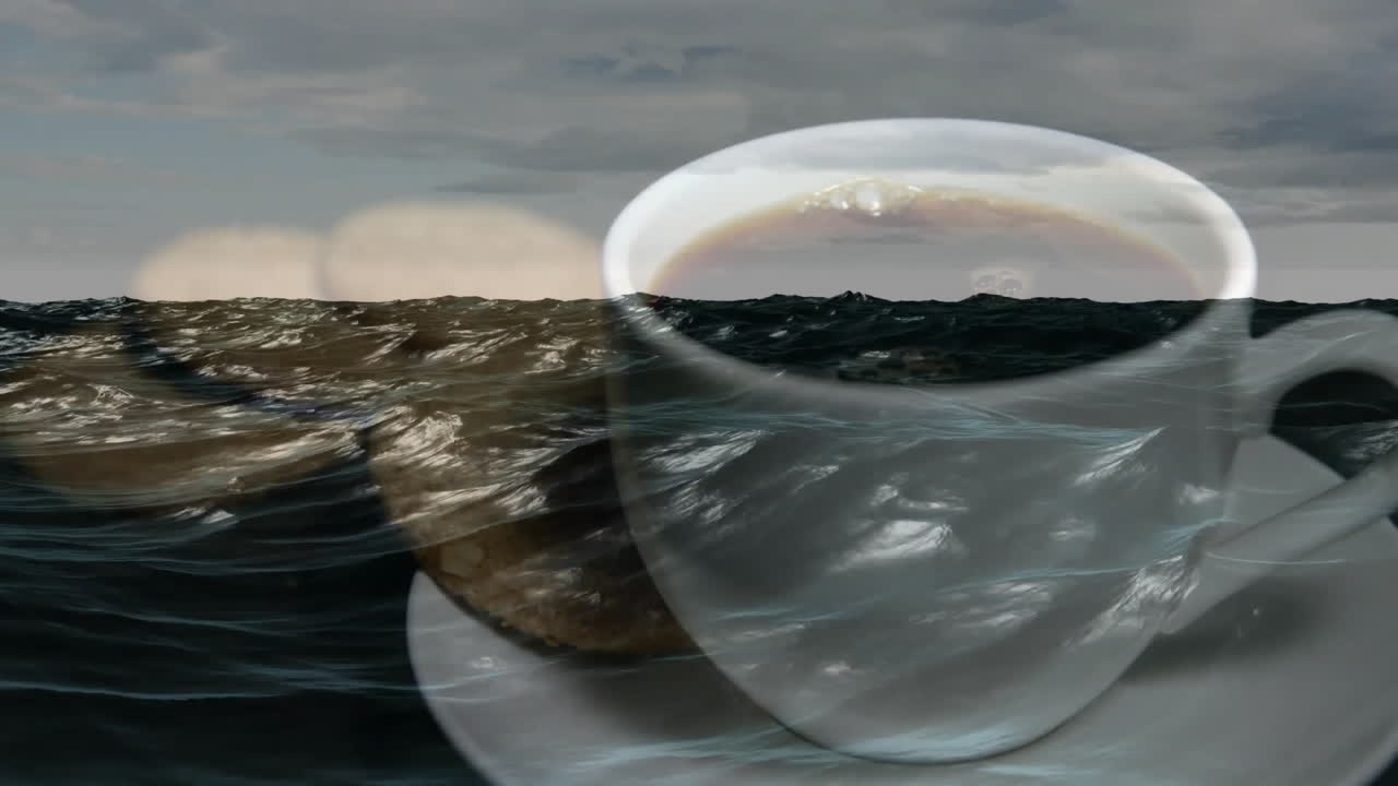 Surreal coffee cup merging with ocean waves, showing ceramic saucer and cookies in double-exposure