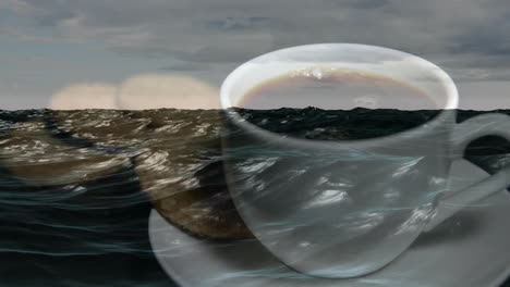 surreal coffee cup merging with ocean waves, showing ceramic saucer and cookies in double-exposure