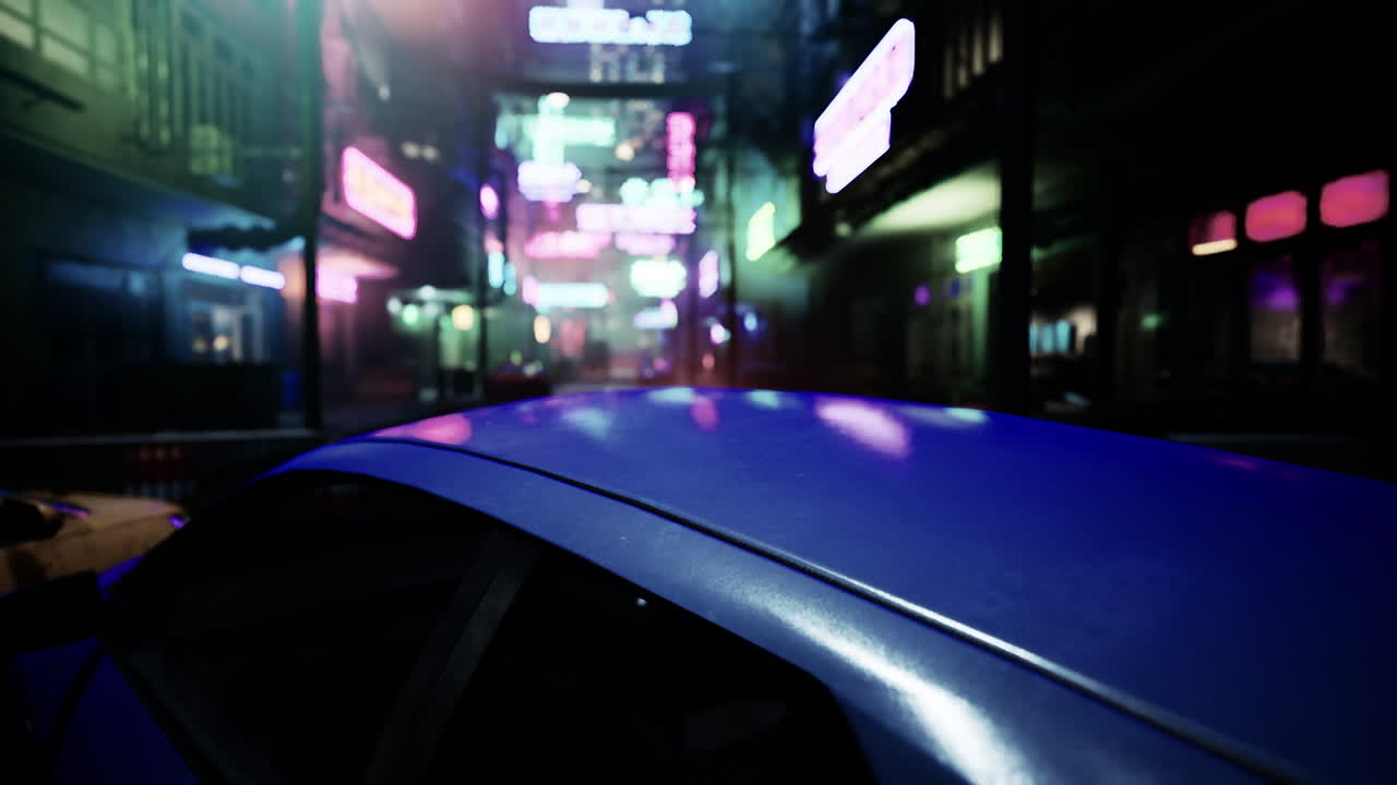 네온 조명 을 가진 밤 도시 거리 장면