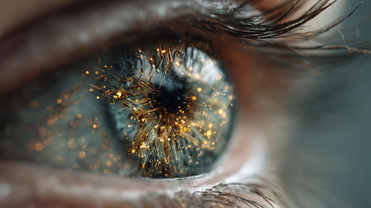 Un viaggio intricato attraverso l'occhio: Esplorando la trasformazione dalla bellezza naturale alla meraviglia tecnologica con particelle luminose.