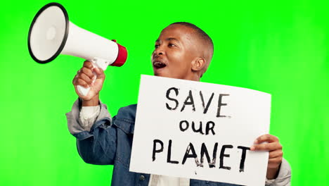 Black-man,-megaphone-and-billboard-in-protest