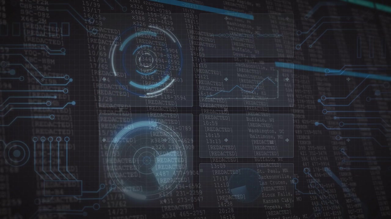 Vertical video: HUD group fading in code, rotating rings, switching graph, blue tracer for tech UI