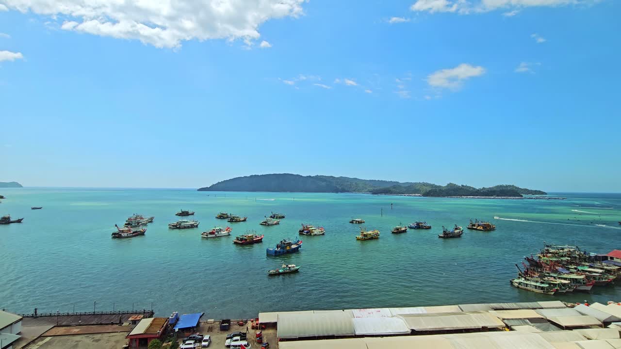 Ocean View With Fishing Boats In Kota Kinabalu, Sabah, Malaysia. wide static shot