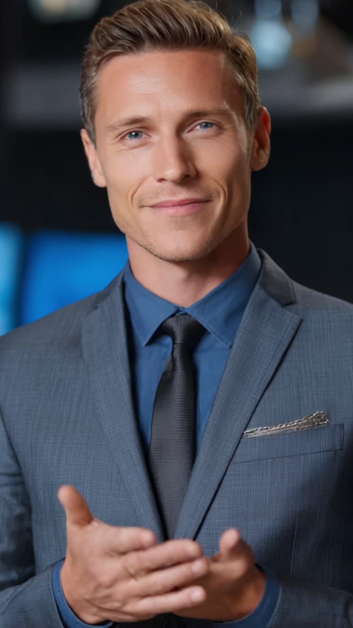 Presentatore carismatico e sicuro di sé che coinvolge il suo pubblico con un sorriso caloroso e gesti espressivi, vestito in modo impeccabile per un ambiente professionale
