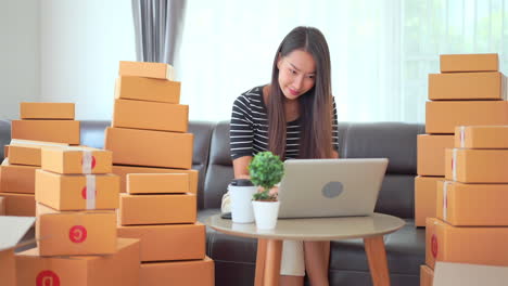 Beautiful-Asian-shopaholic-woman-surrounded-by-boxes-is-happily-shopping-online-with-laptop