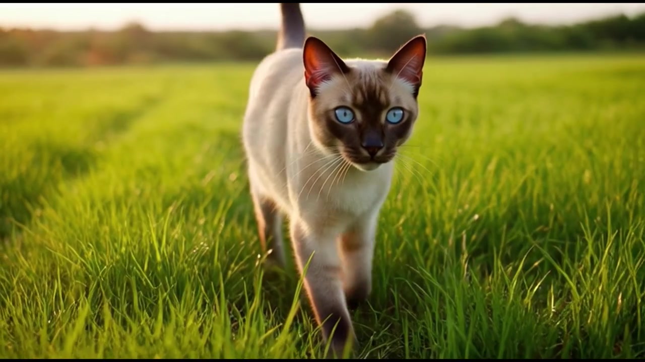 Gatto siamese che cammina in un campo d'erba verde al tramonto