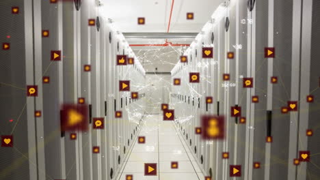 animación de una red de iconos digitales y un globo giratorio contra la sala del servidor de la computadora