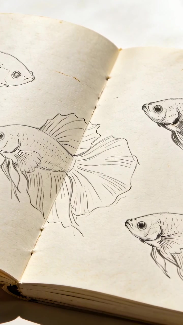 Video verticale: La telecamera panoramica su un quaderno da disegno aperto, mostrando schizzi di pesci su una scrivania, per rivelare una piega.