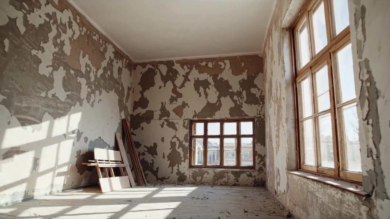 Stanza fatiscente con pittura scrostata e luce solare intensa.