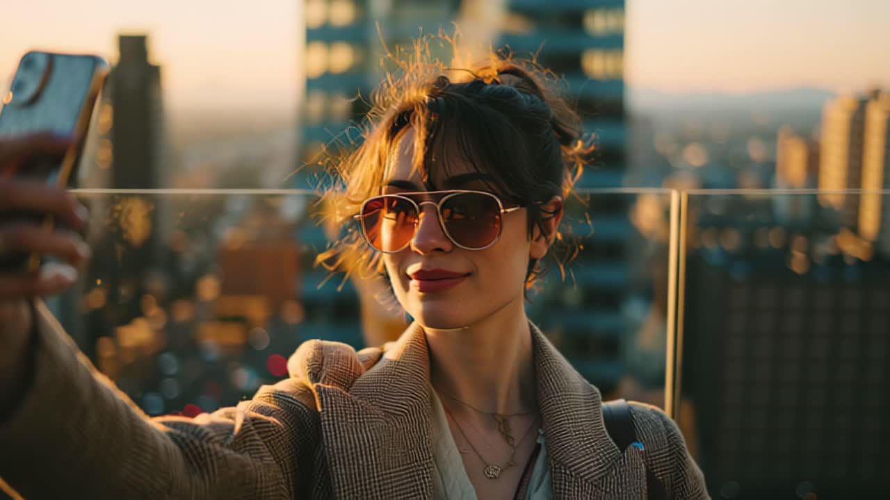 Footage of a stylish young woman in sunglasses taking a selfie on a rooftop terrace during golden hour, with modern city skyline and bokeh lights in the background