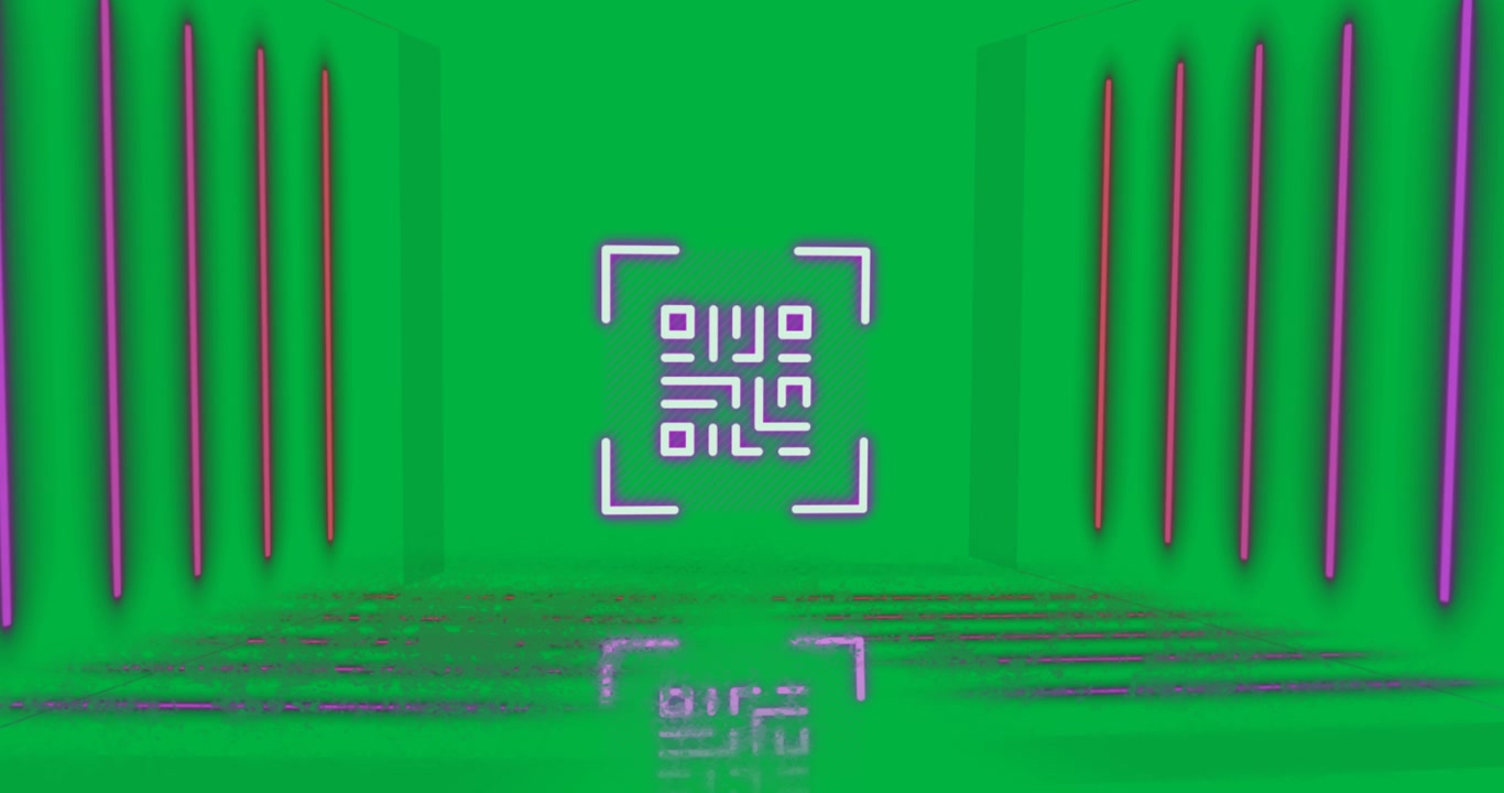 Animation of flickering pink QR code with neon lines.