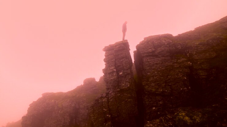 Silhueta de homem de pé no topo de uma grande rocha separada da montanha durante o pôr do sol, rodeado por nevoeiro