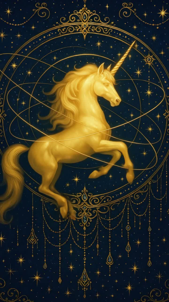 A mystical unicorn in golden hues against a starry backdrop, captured from a front angle