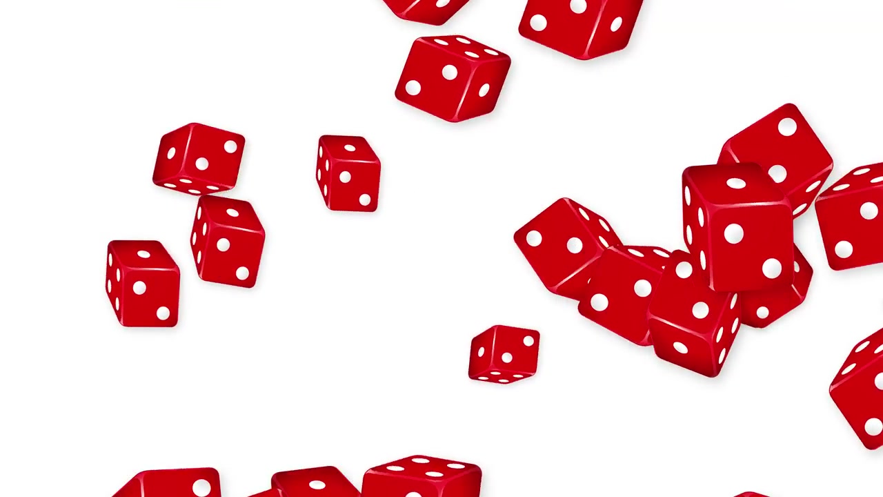 Animação 3D dinâmica de vários dados de jogo vermelhos explodindo e caindo contra um fundo branco