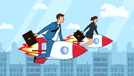 flat cartoon businesswoman and businessman characters  fly on rocket race concept animation