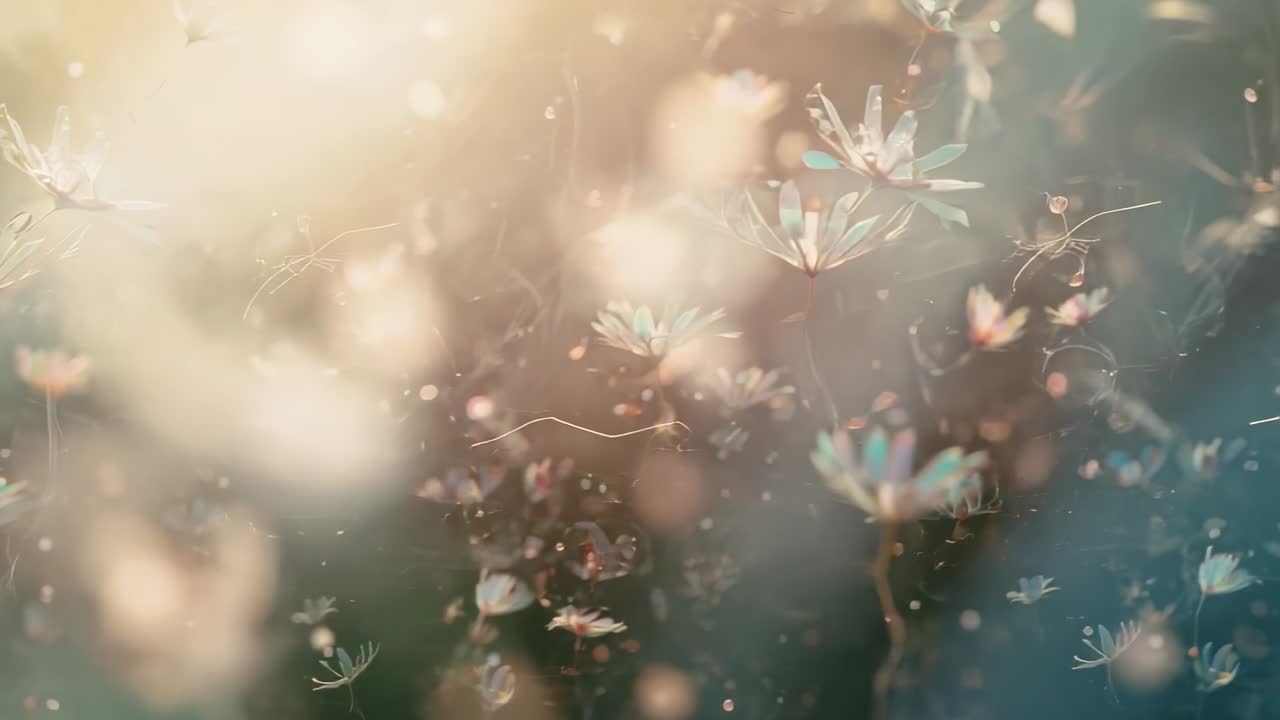 フォーカスプルするカメラが、日当たりの良い牧草地に淡い野花の群れを現し、花びらが舞い散り、ボケがある。