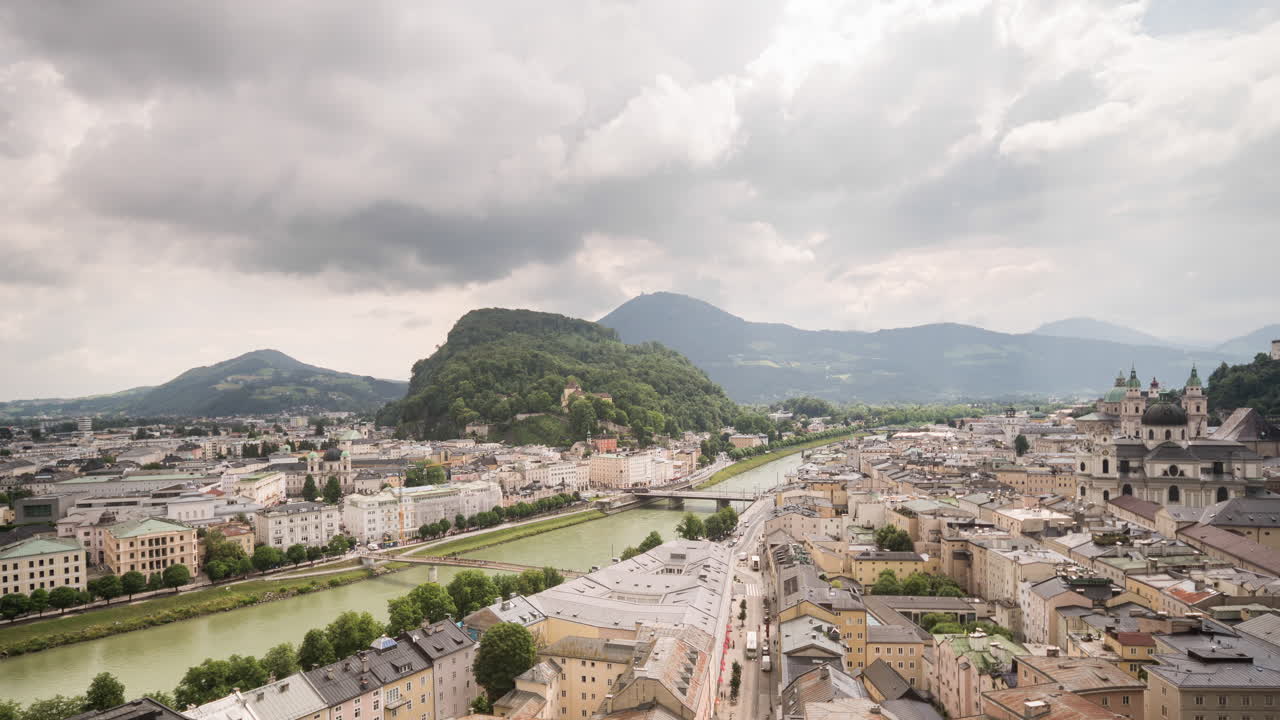 Panning timelapse from the best view in Salzburg, Austria. a vista of the whole city with clouds moving by