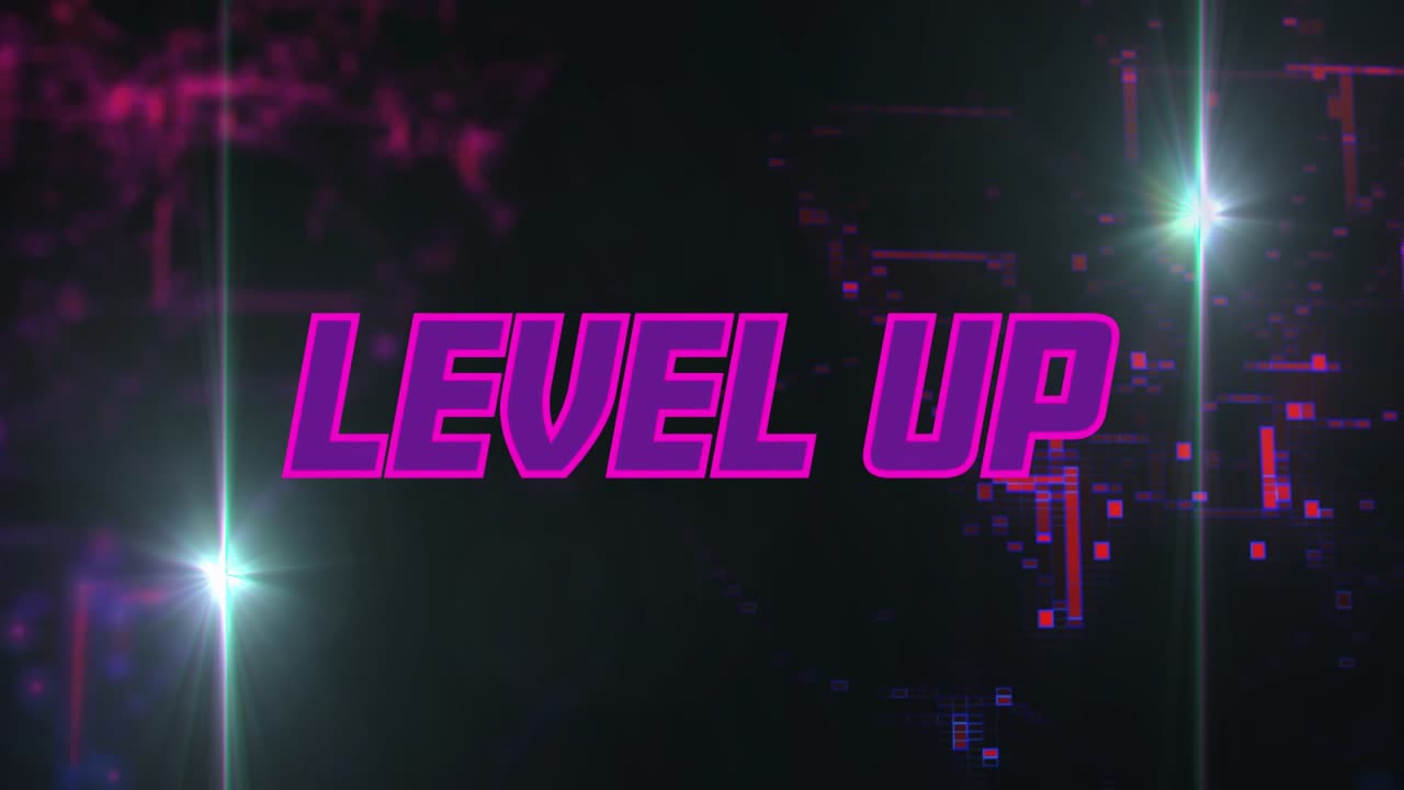 Vertical streaks initiating glitch shapes assembling neon LEVEL UP text on grid signaling progress