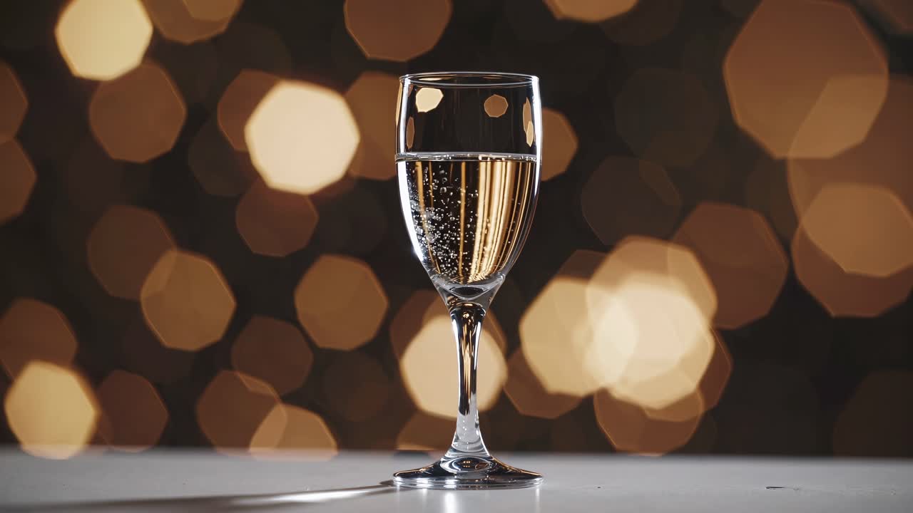 A close-up video of a wine glass on a table, captured from a side angle, with a bokeh background